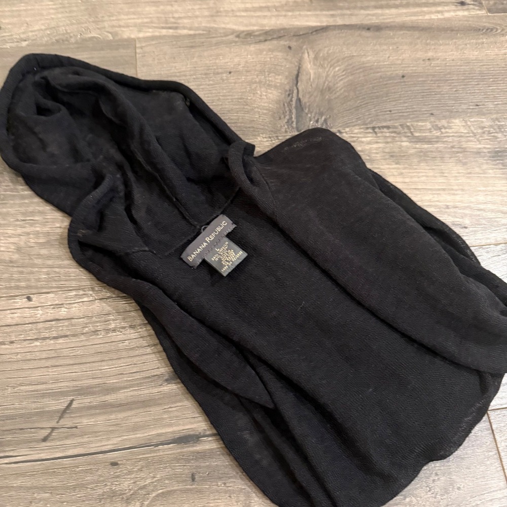 Banana Republic Black Linen Blend Hooded Open Front Cardigan Sweater Large